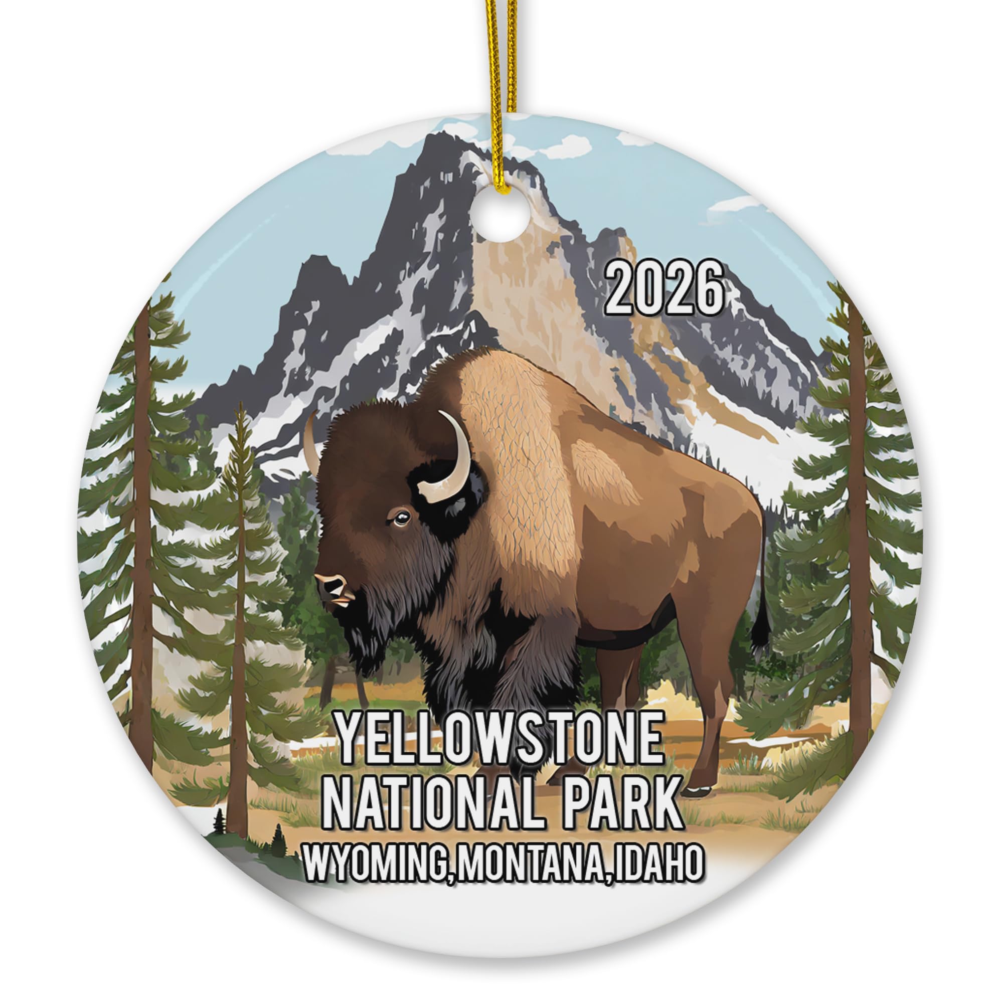 Yellowstone National Park ornament front view with bison and pine