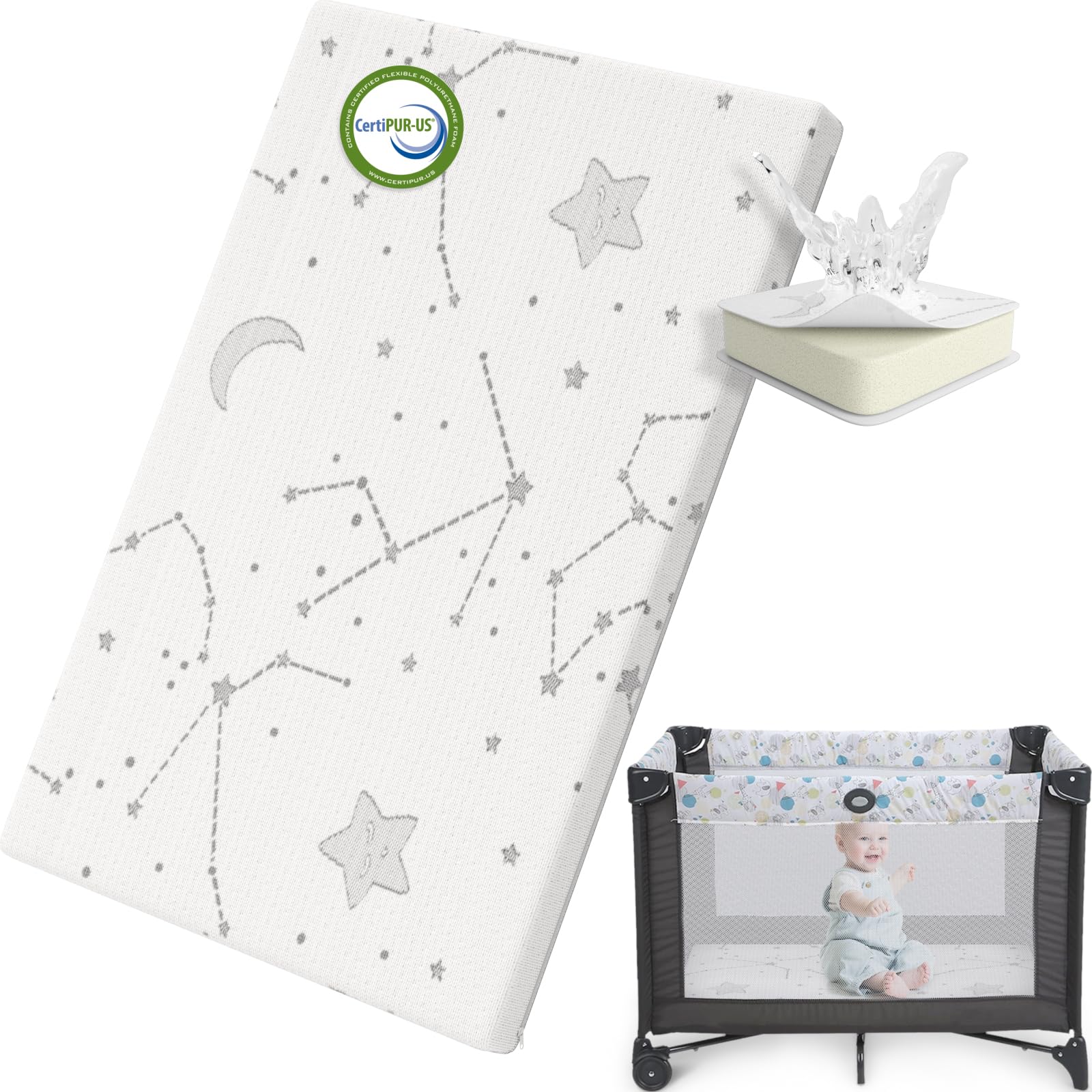 YENING Pack and Play Mattress Topper 38x26 with washable cover for Playpen