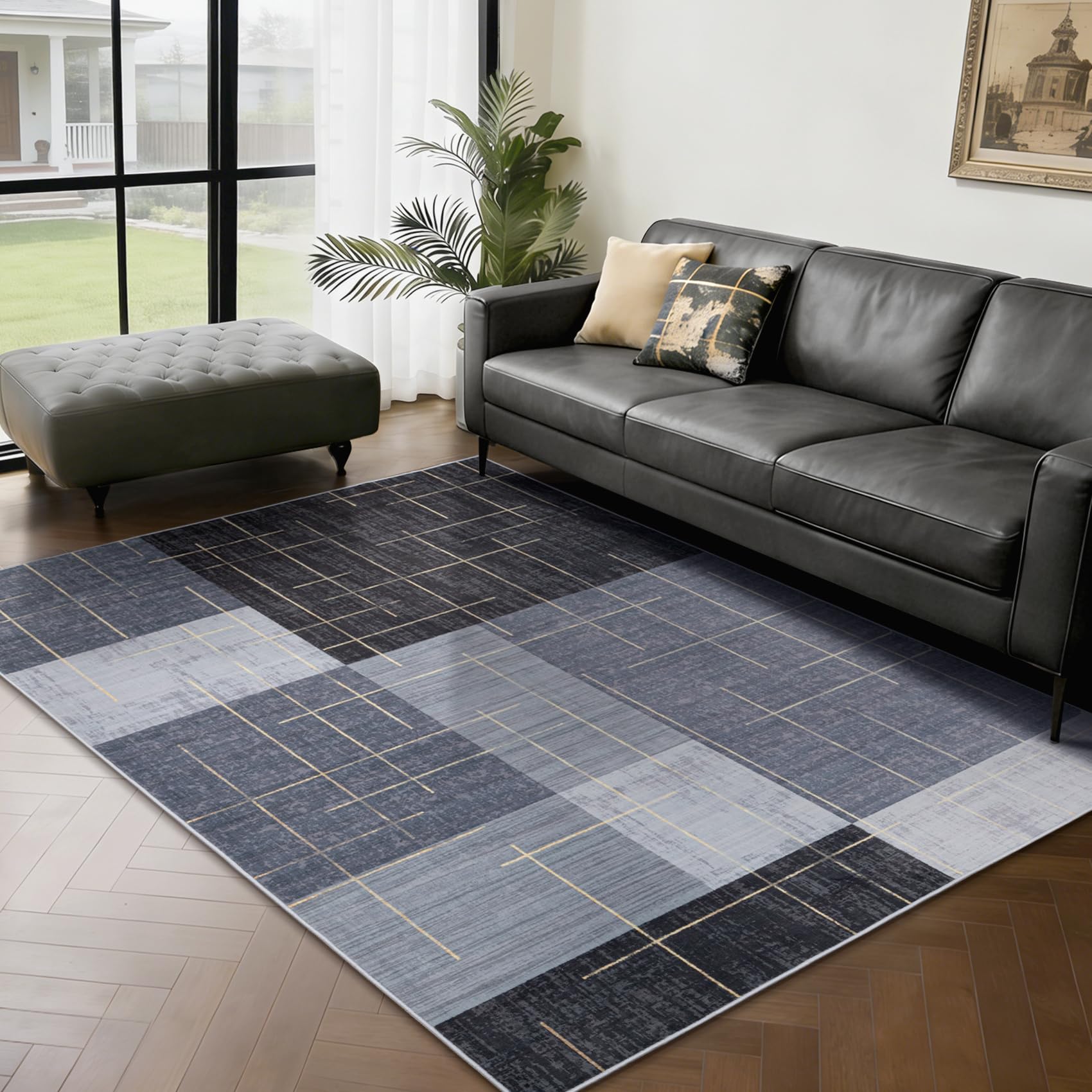 YIHOUSE 5x7 area rug abstract geometric checkered blue gray white with gold stripe