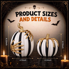 Black and white striped pumpkin with gold skeleton hand