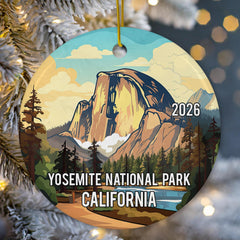 Half Dome and forest design on round ceramic ornament