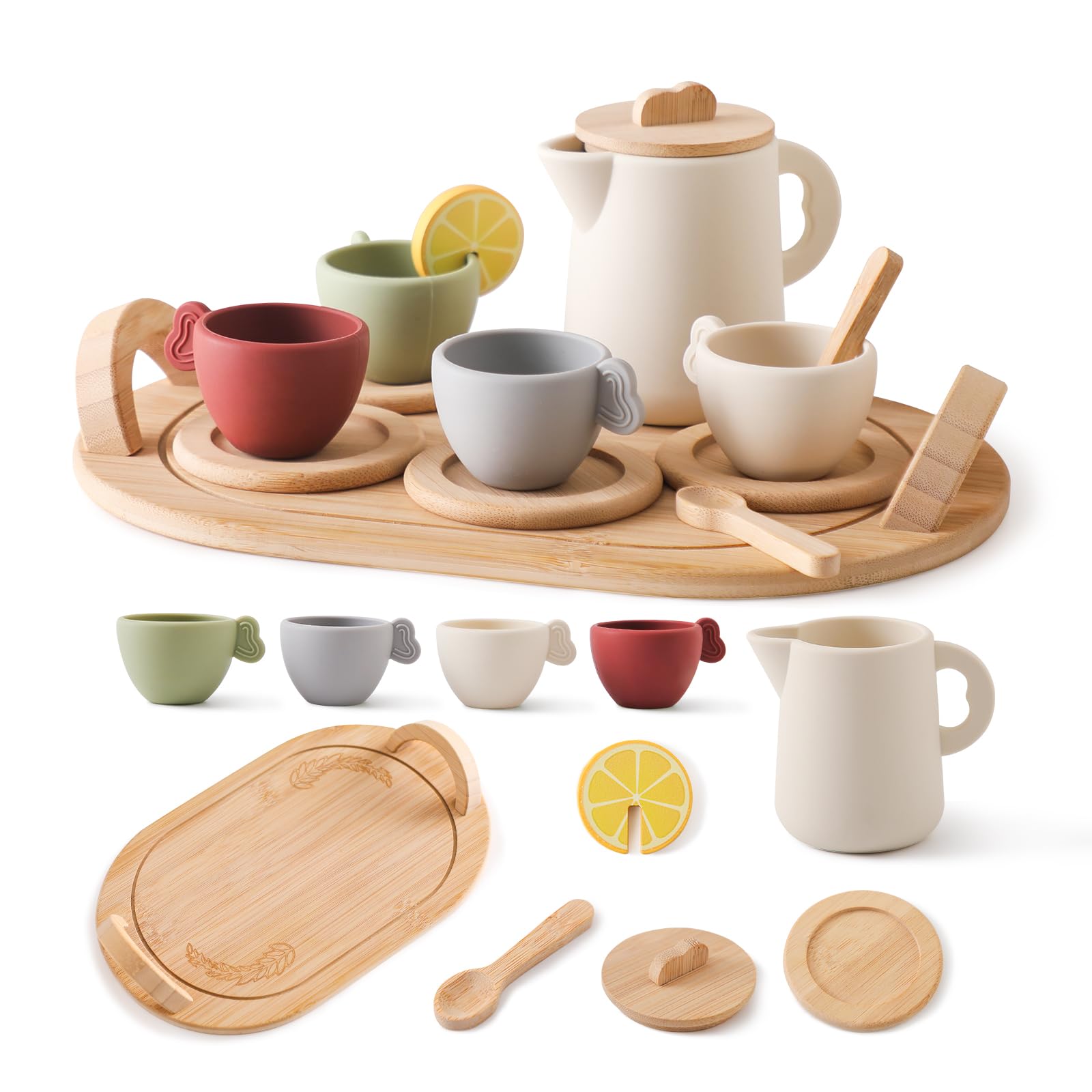 Youuys wooden tea party set with serving tray for toddlers