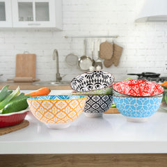 Colorful glazed bowls stackable for easy storage