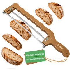 YUANCHII adjustable bread slicer showing 8 thickness settings from 1/4 inch to 2 inches