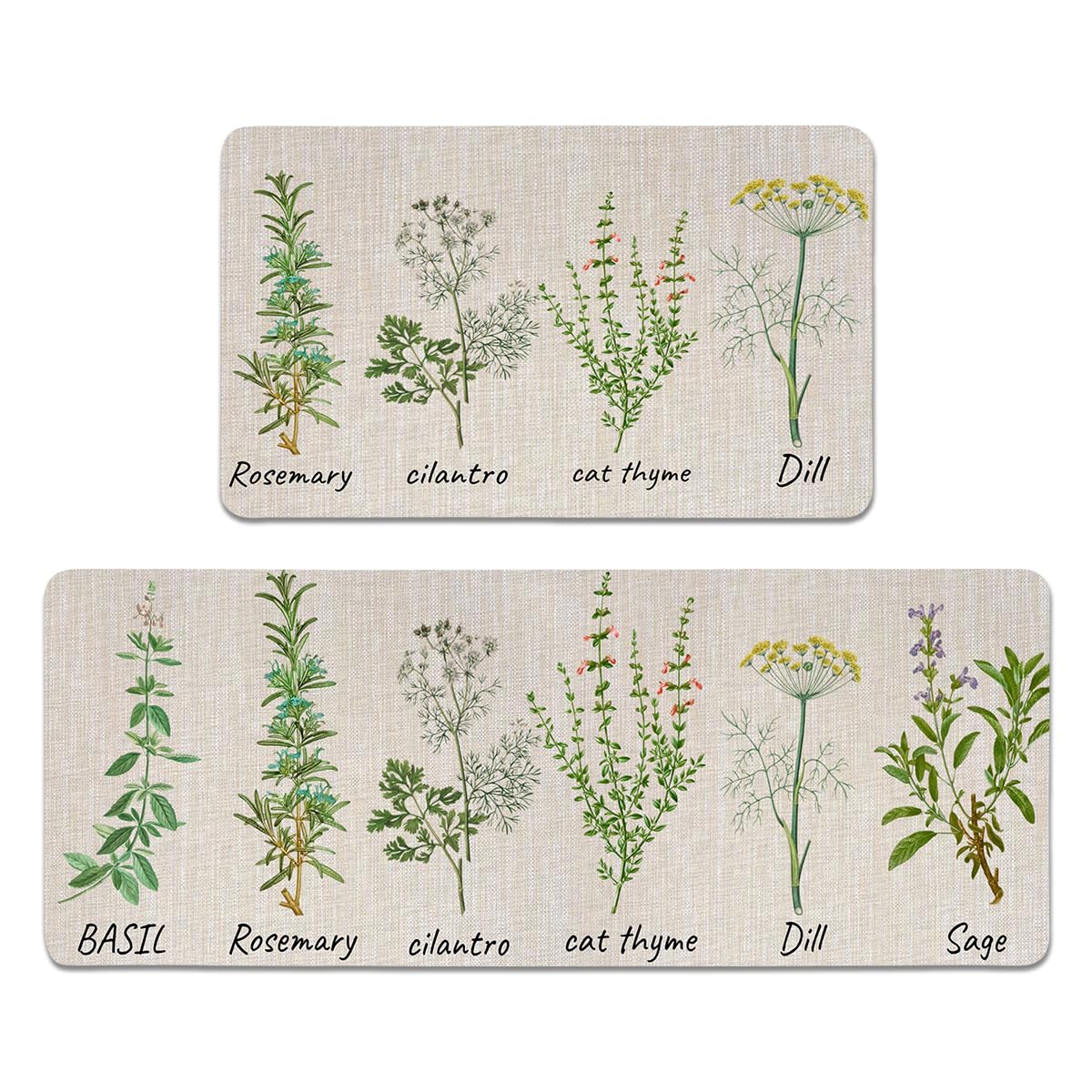 YWZDS Herbs Kitchen Rugs set of 2 decorative herb design on linen texture