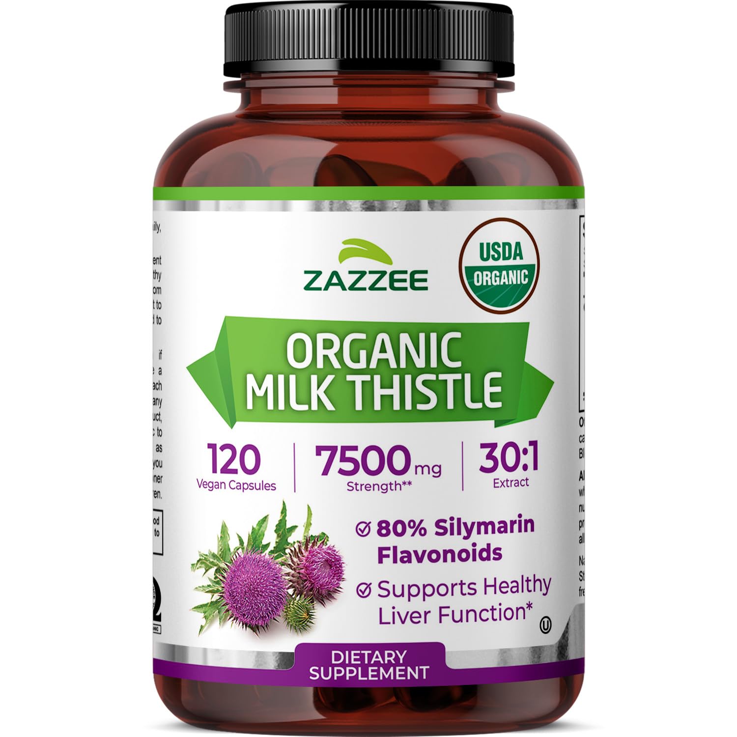 Zazzee milk thistle USDA Organic 30:1 extract 120 capsules bottle