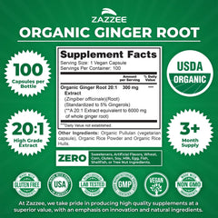 Zazzee Organic Ginger Root Extract 20to1 gingerols content capsule