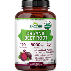 Zazzee USDA Organic Beet Root 20:1 Extract bottle 120 capsules