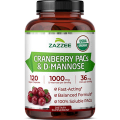 Zazzee USDA Organic Cranberry PACs D-Mannose bottle front view