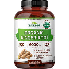 Zazzee USDA Organic Ginger Root Extract 20to1 100 capsules bottle