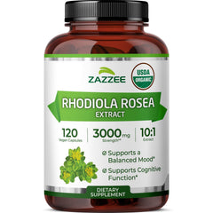 Zazzee USDA Organic Rhodiola 10:1 Extract bottle with 120 capsules