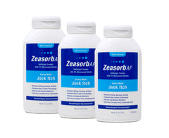 Zeasorb antifungal powder for jock itch in a 2.5 oz bottle