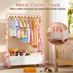 ZHKINGGS kids wardrobe rack with bottom storage basket and hanging rods