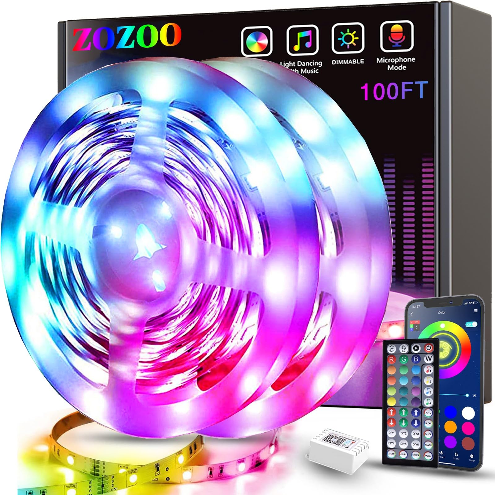 ZOZOO 100ft LED lights for bedroom RGB setup with remote