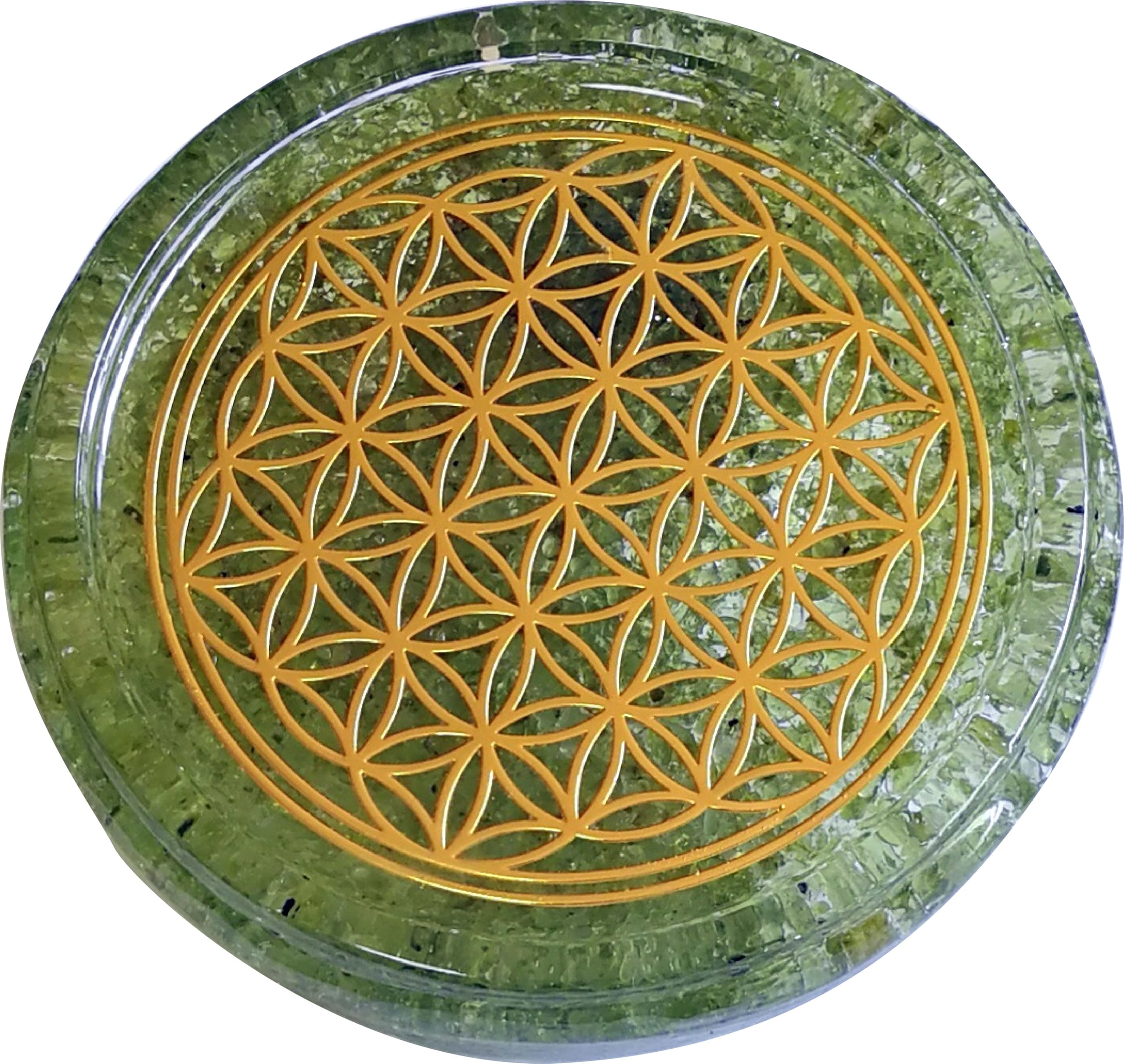 ZZYBIA coaster with Olivine Peridot Crystals and Flower Of Life motif