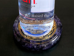 Coaster design featuring flower of life pattern and amethyst crystals
