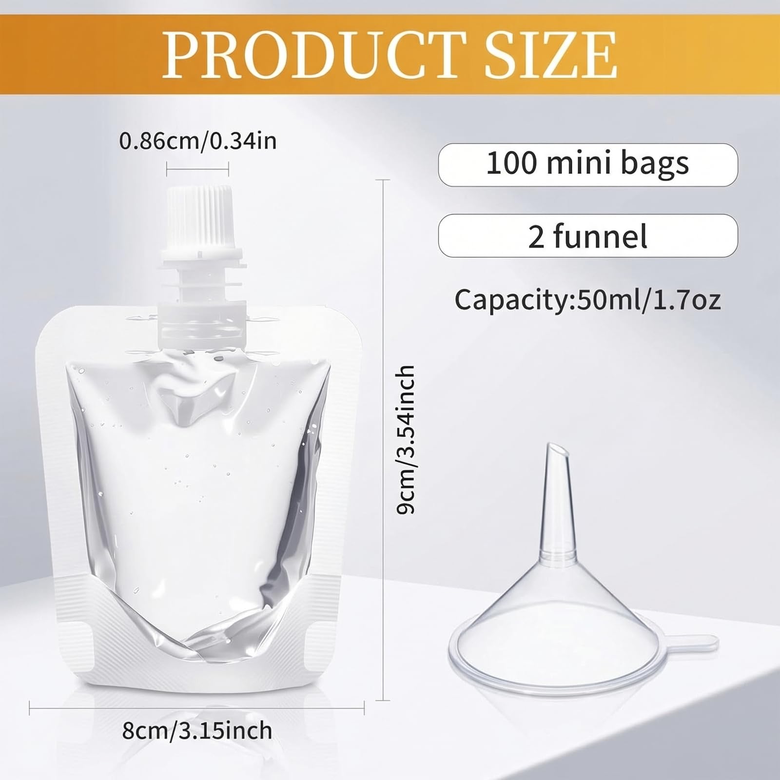 2 funnels included with squeeze pouches