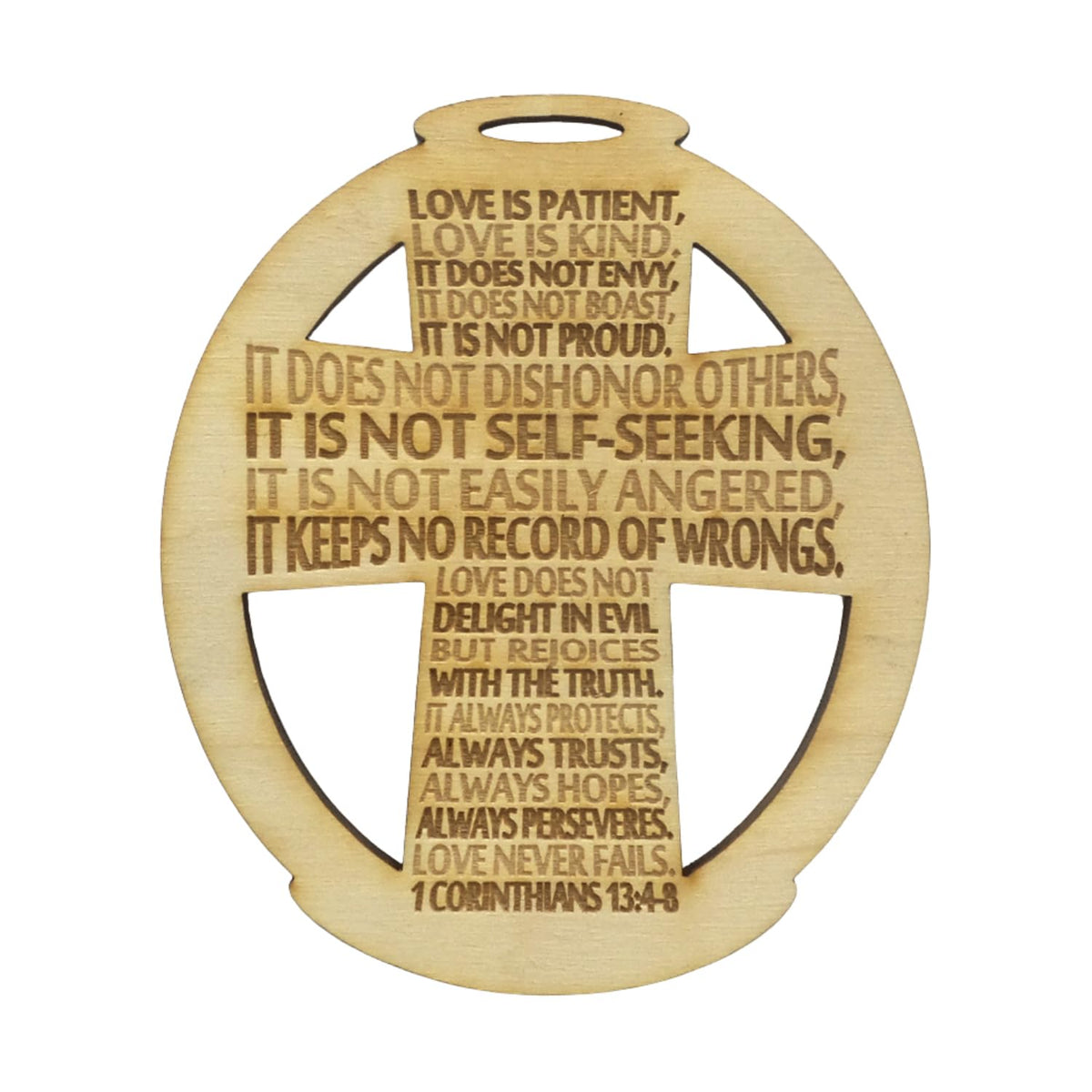 Wood cross ornament with 1 Corinthians 13:4-8 engraving