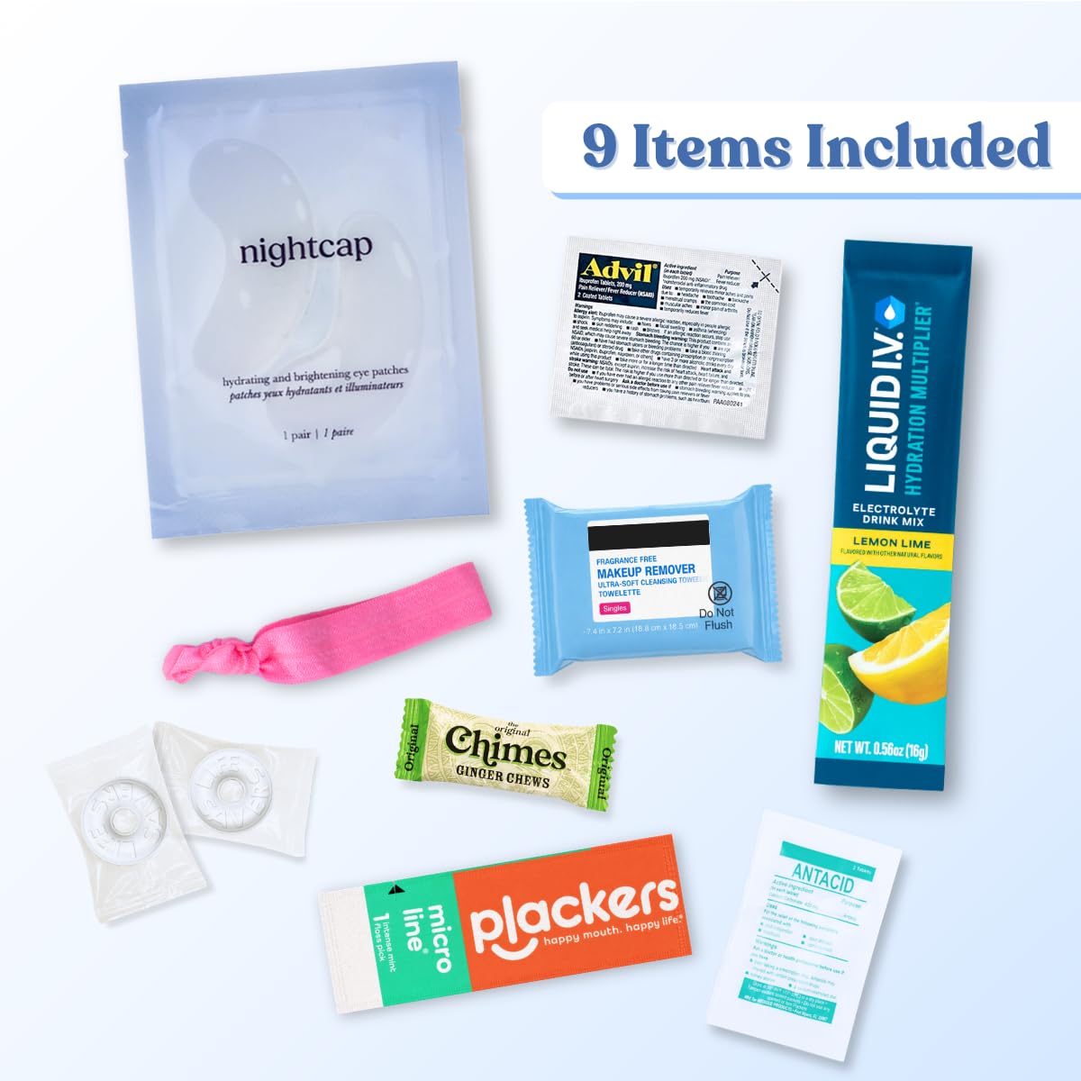 Six by nine inch pouch with nine essentials in kit