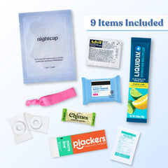 Six by nine inch pouch with nine essentials in kit