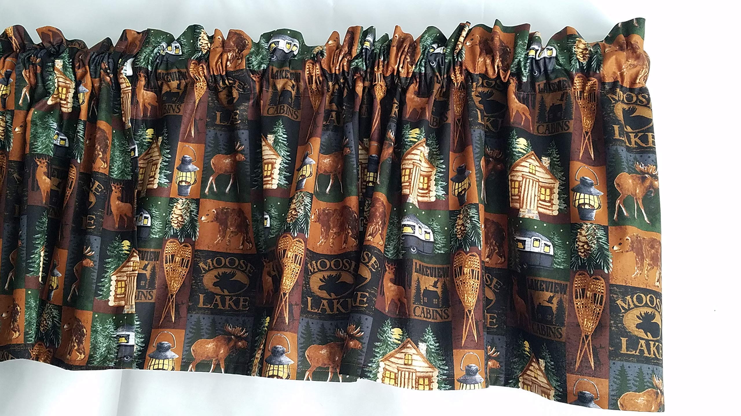 Cabin window valance with deer moose trees motif