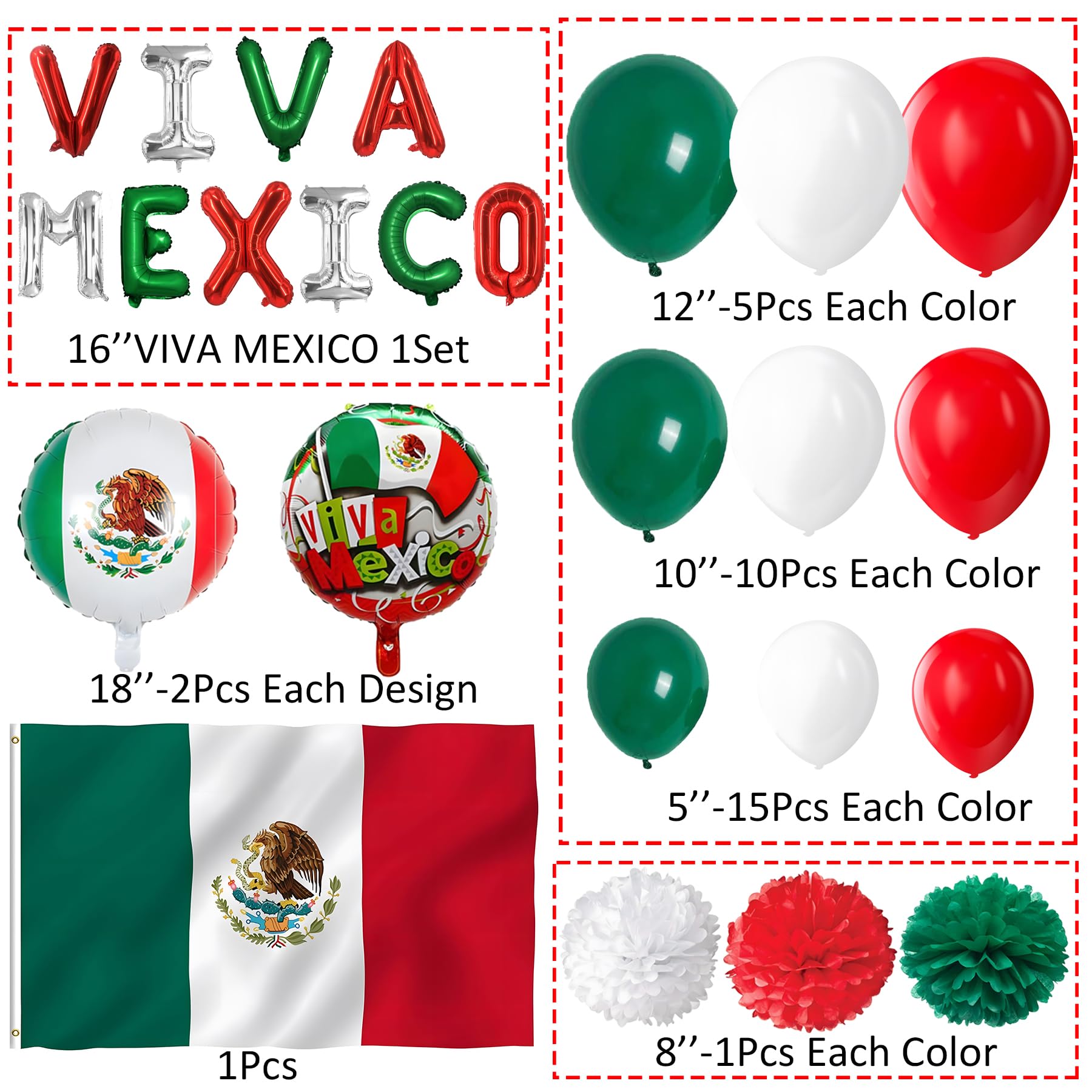 90 latex balloons in green white and red colors across three sizes