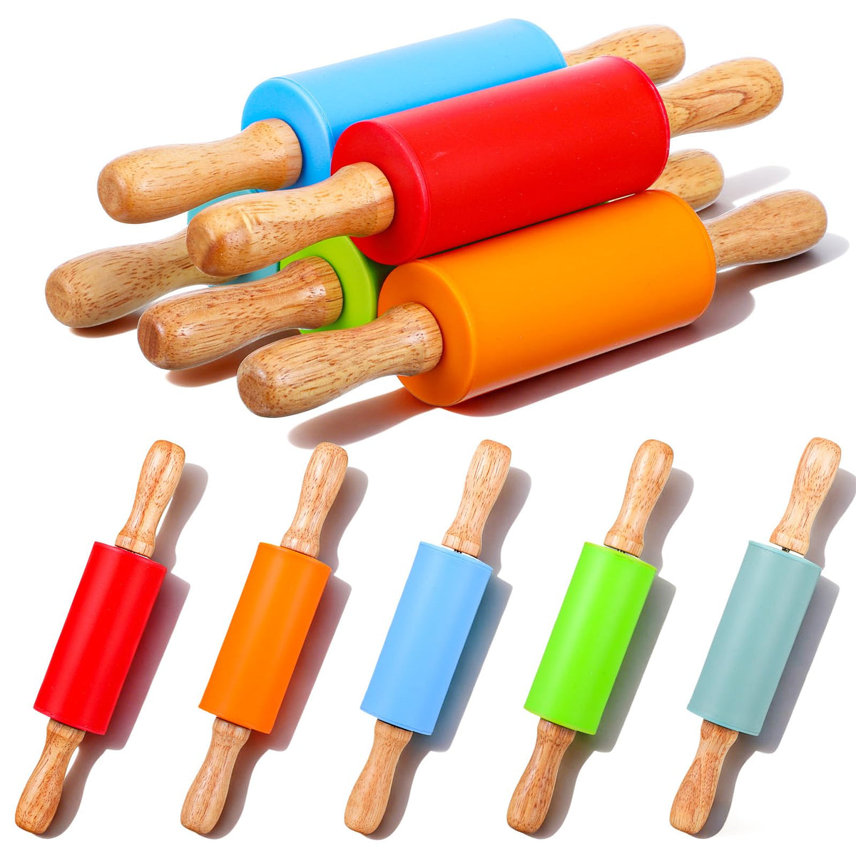 Pack of 10 mini rolling pins with 9 inch length and wooden handles
