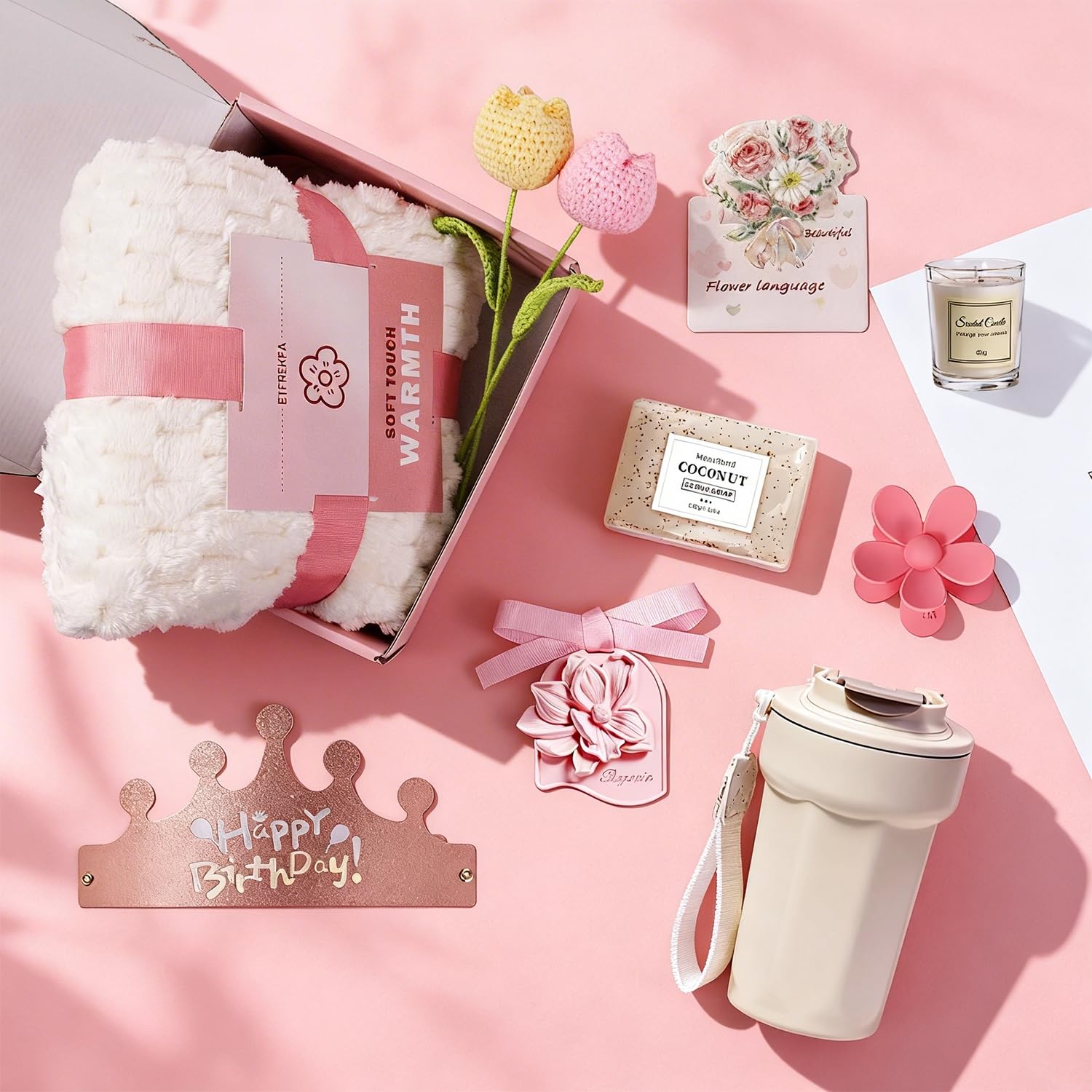 10pcs birthday basket contents including candle soap and card
