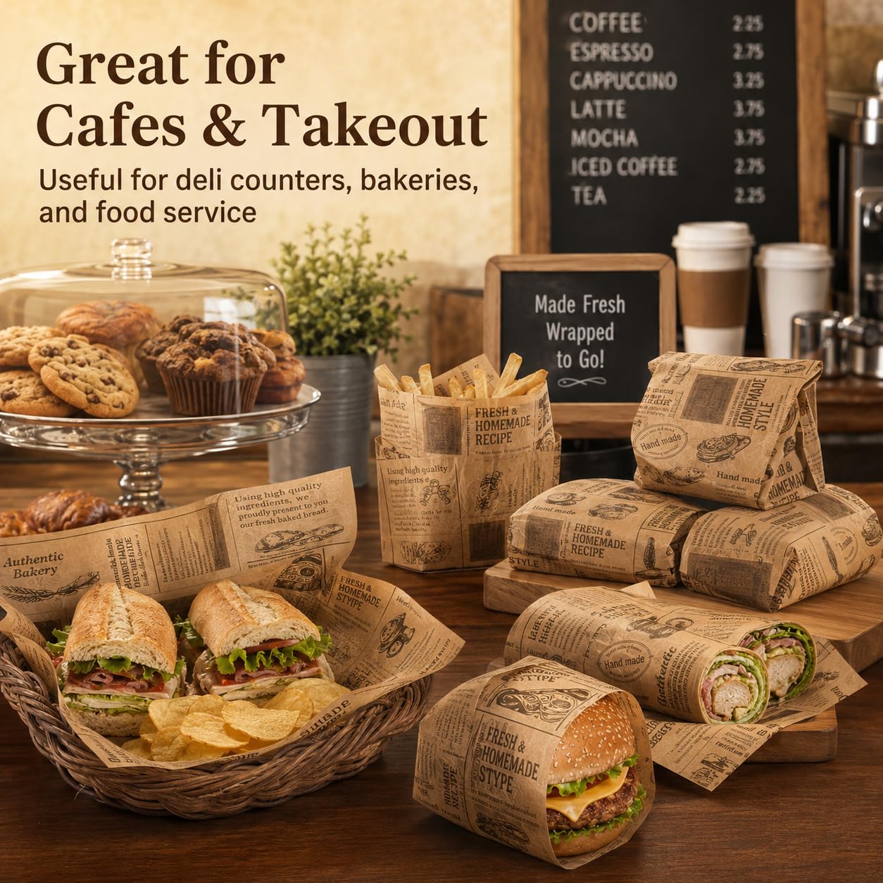 10x10 inch deli wrap with printed newspaper design