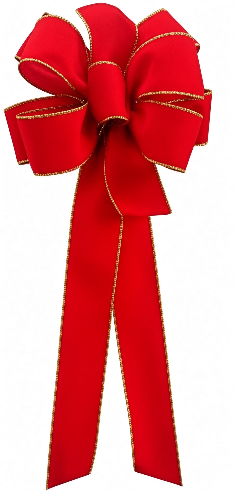 Close-up of red velvet bow with gold wired edge