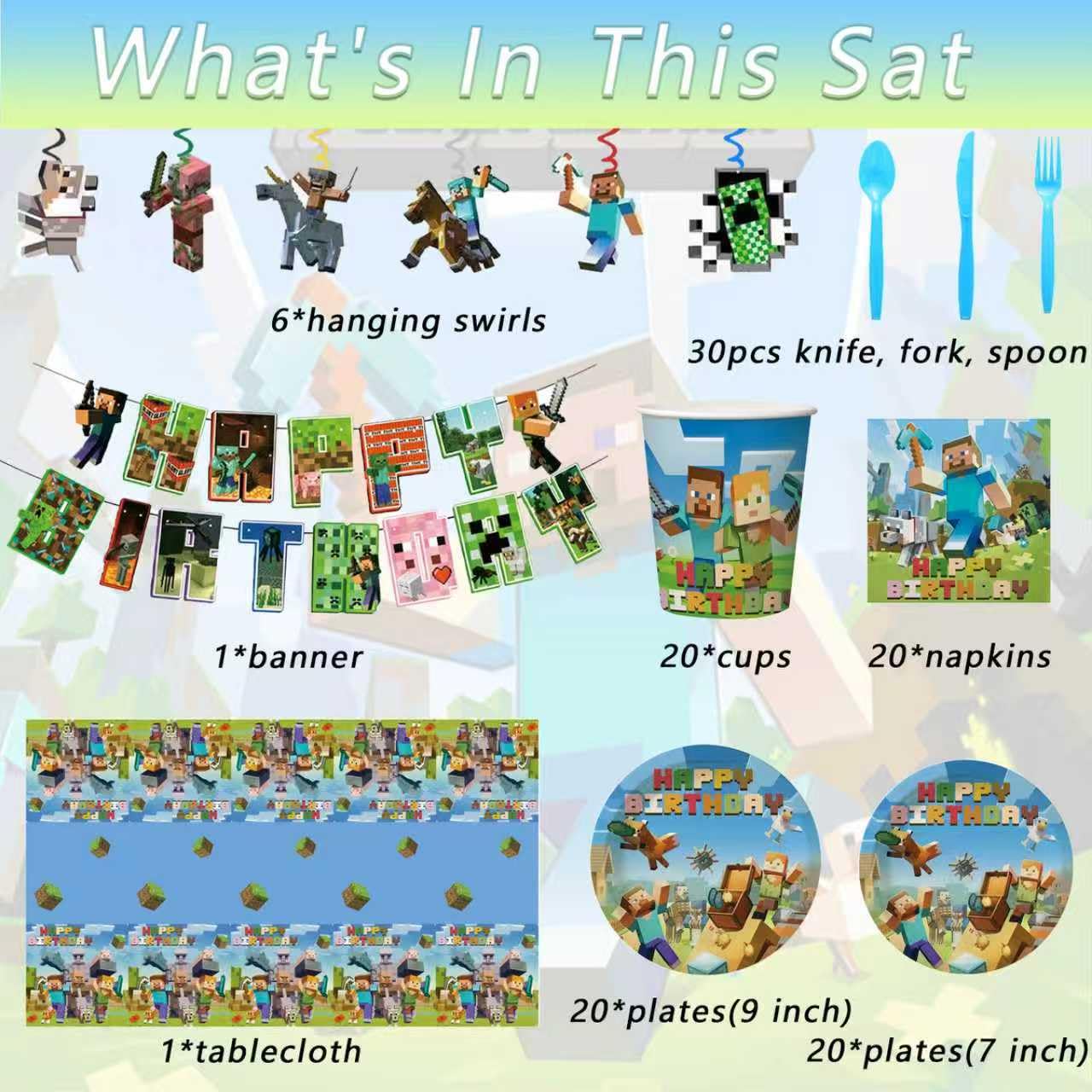 Banner and tablecloth included in Pixel birthday party set