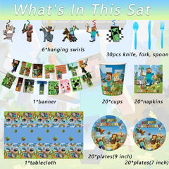Banner and tablecloth included in Pixel birthday party set