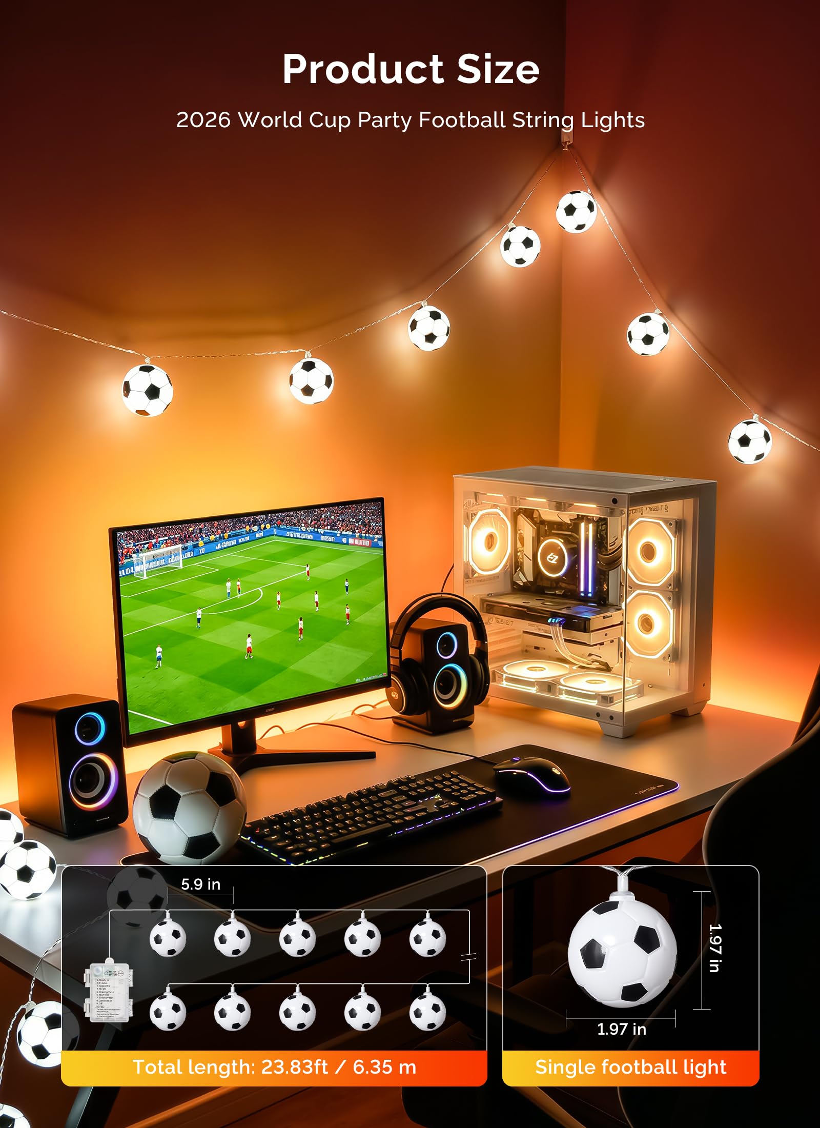Battery operated LED soccer string lights ready for quick brightness