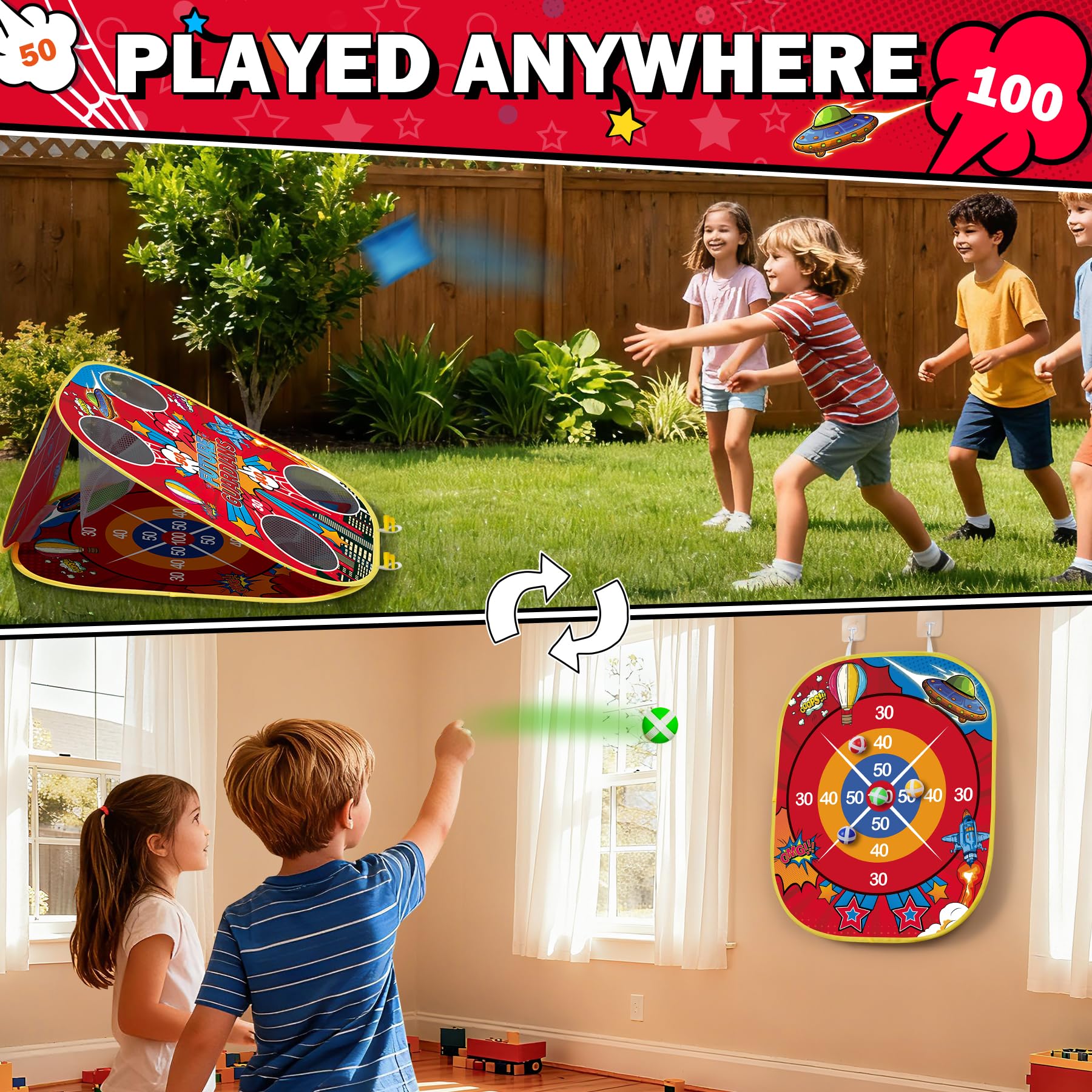 Contains 12 balls for toss and dart play