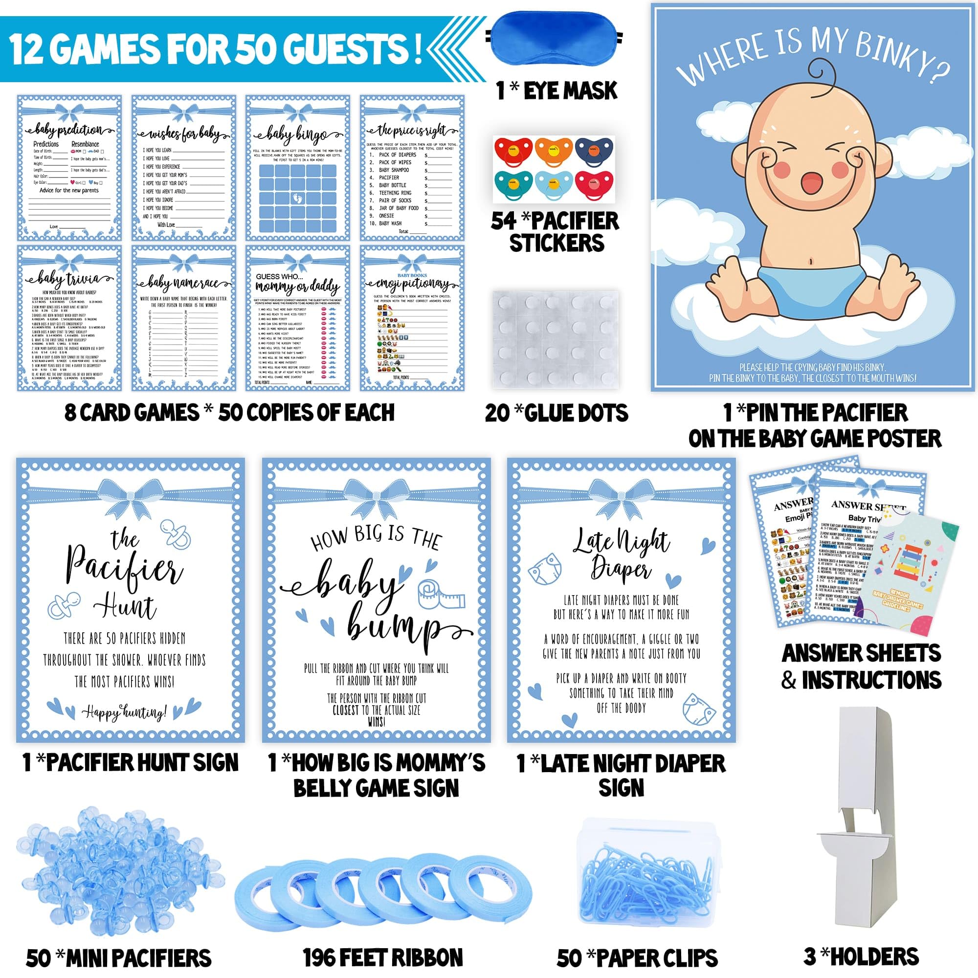 12 games included in Bemoor baby shower set for 50 guests