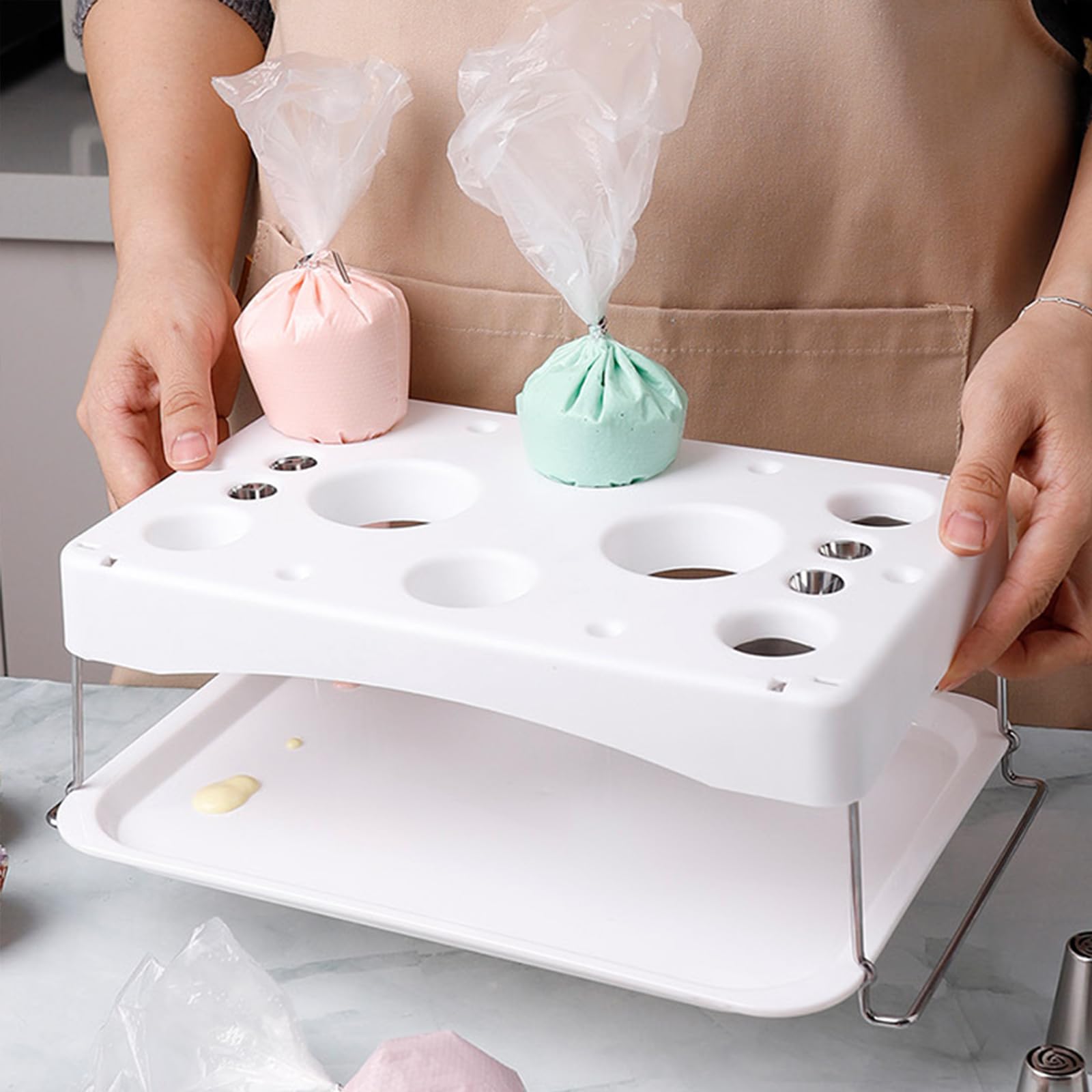 White foldable piping bag stand on kitchen counter