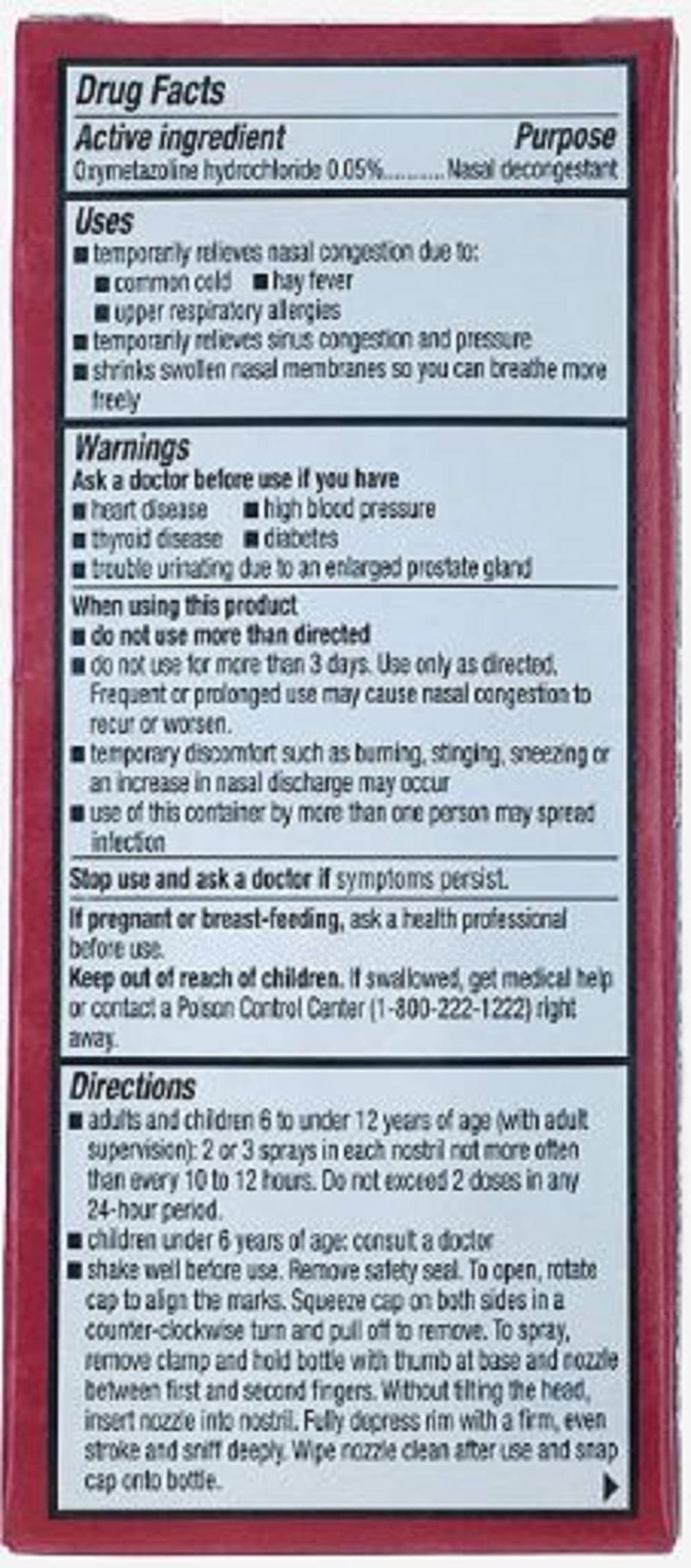 Oxymetazoline HCL nasal decongestant spray label