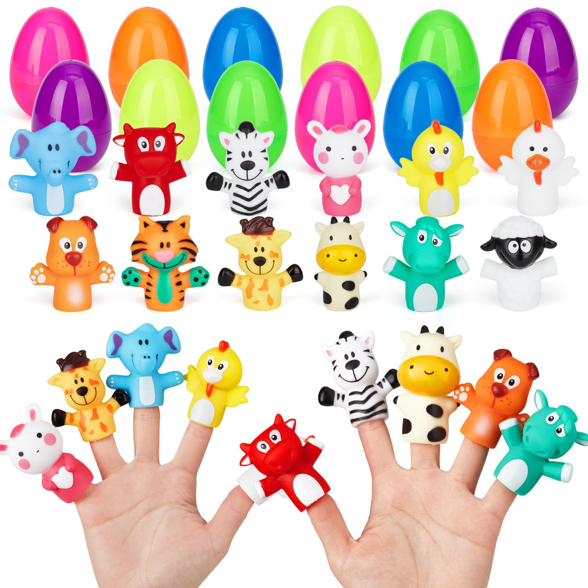 12 pcs Easter Eggs Filled with Finger Puppets set with colorful eggs and plush puppets