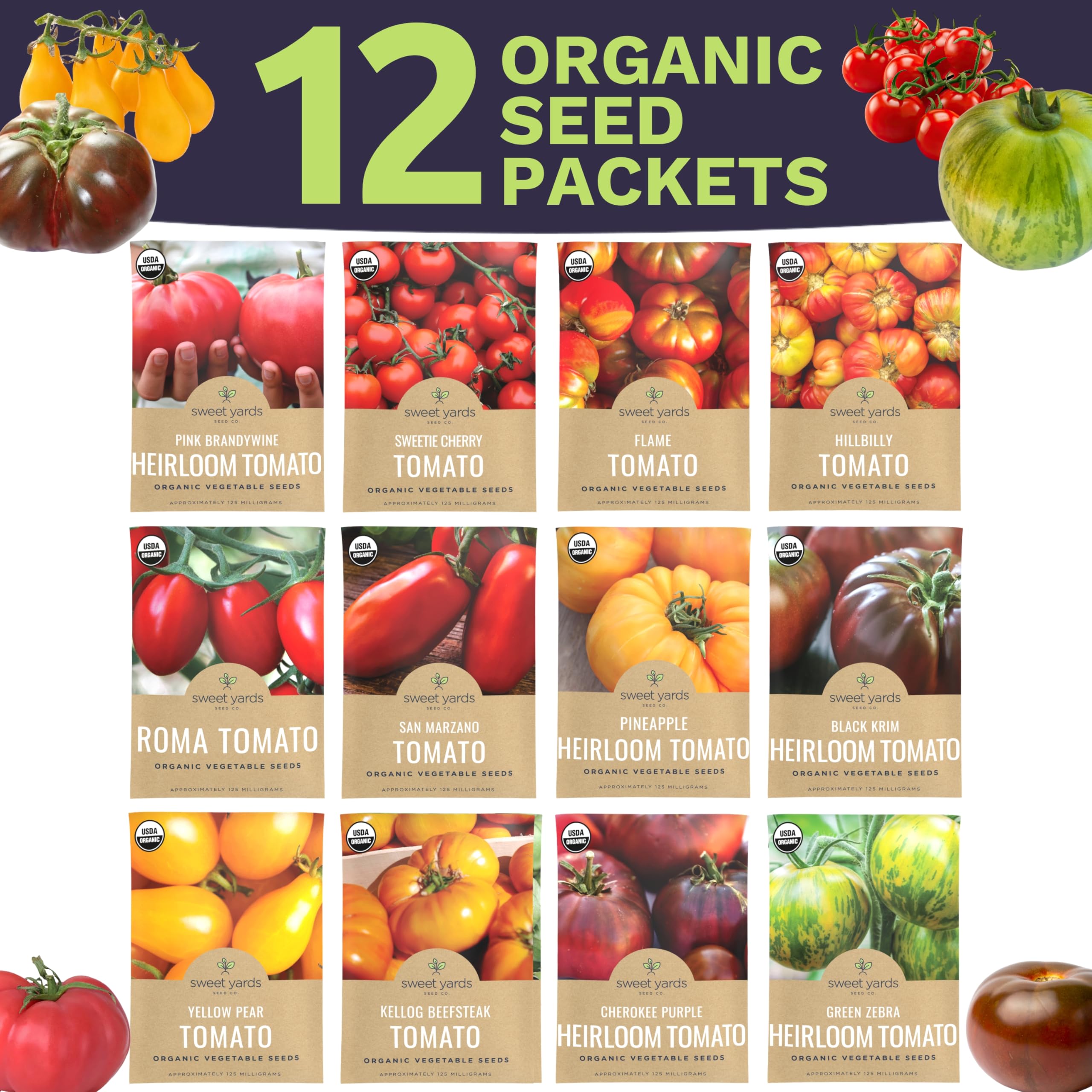 Twelve tomato seed packets for variety garden