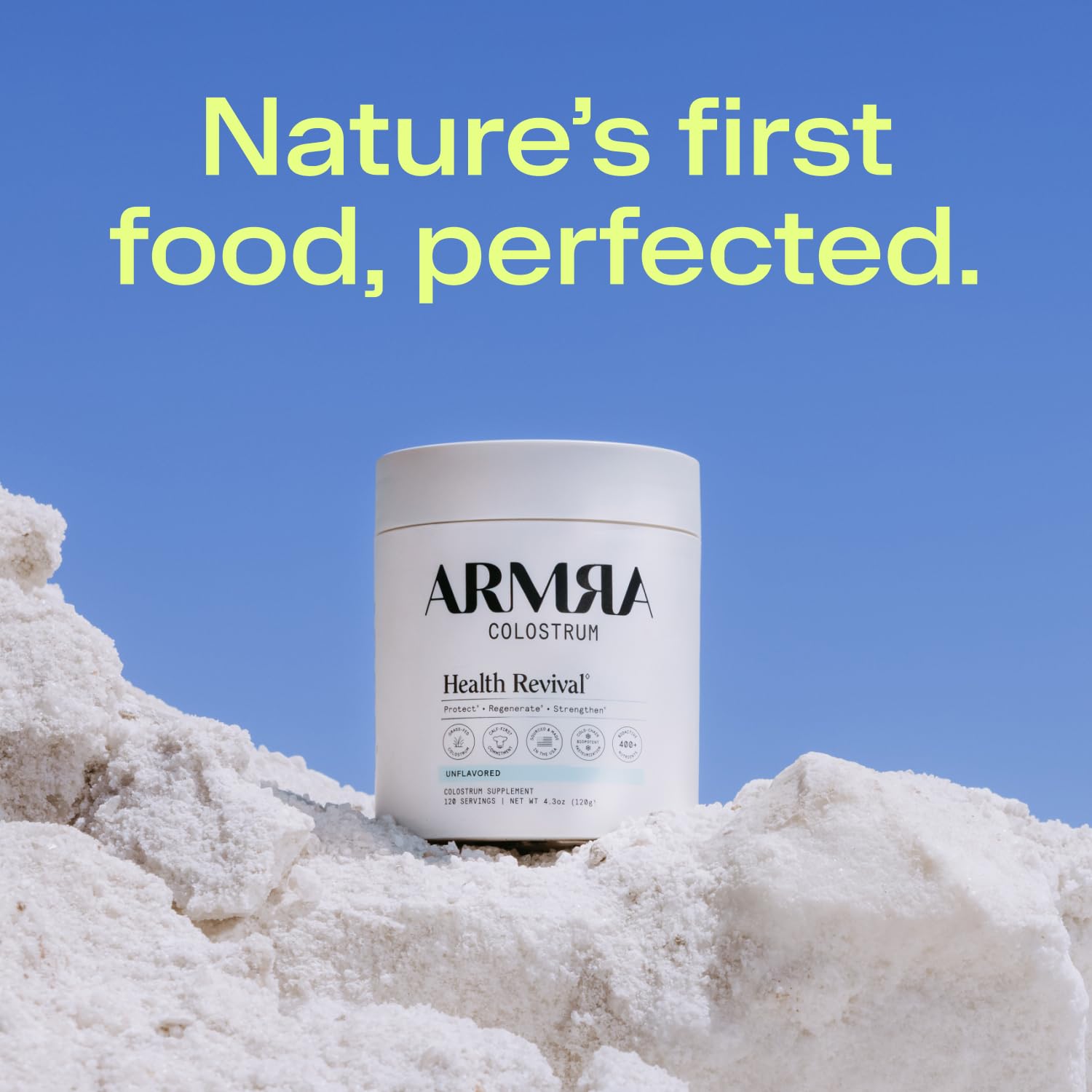 120 serving jar packaging of ARMRA Colostrum Powder