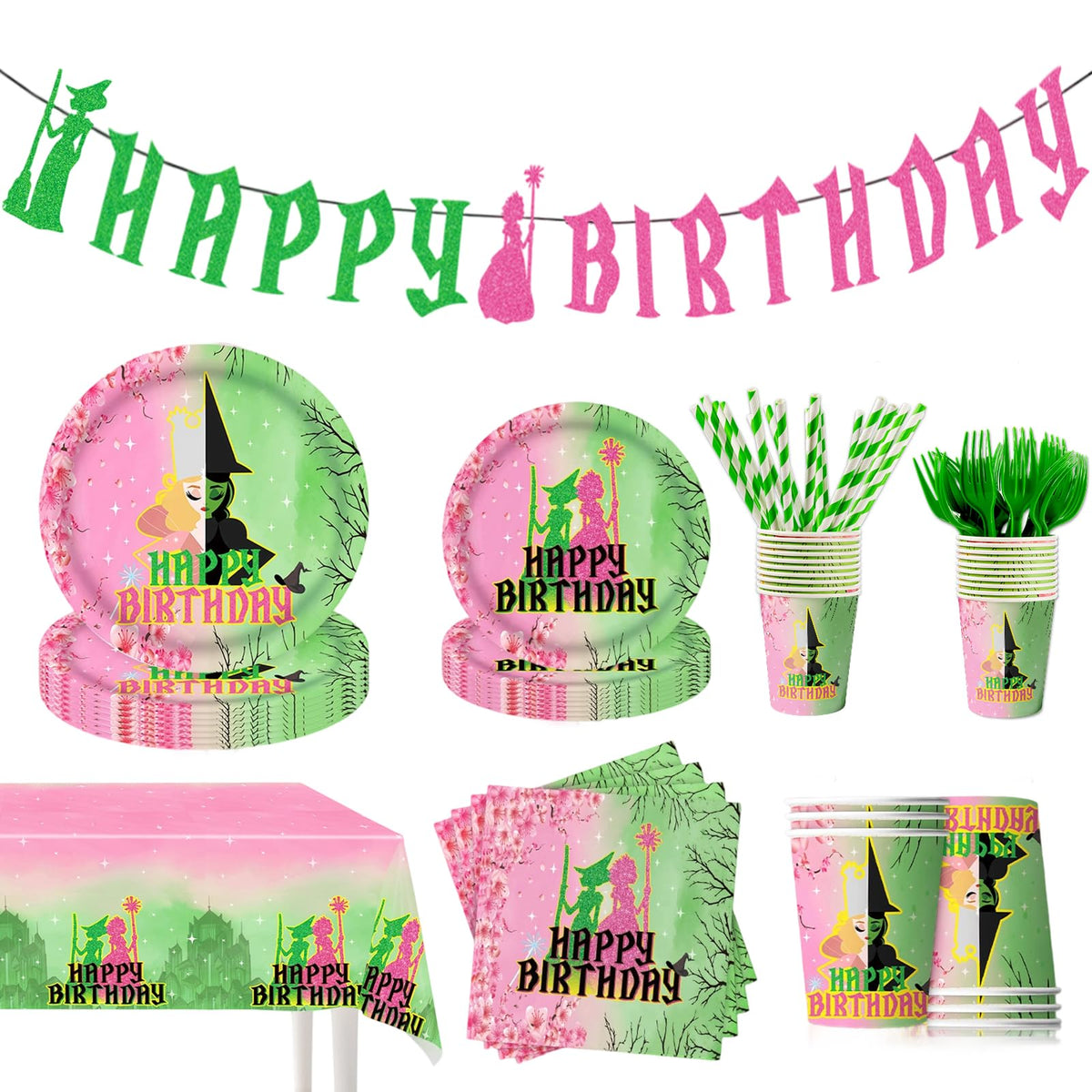 Product image of 122Pcs Witch Party Supplies pink and green set
