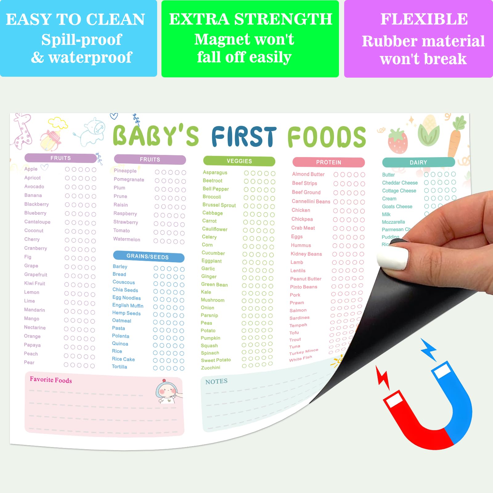 Daily food log for introducing solids on a magnetic chart