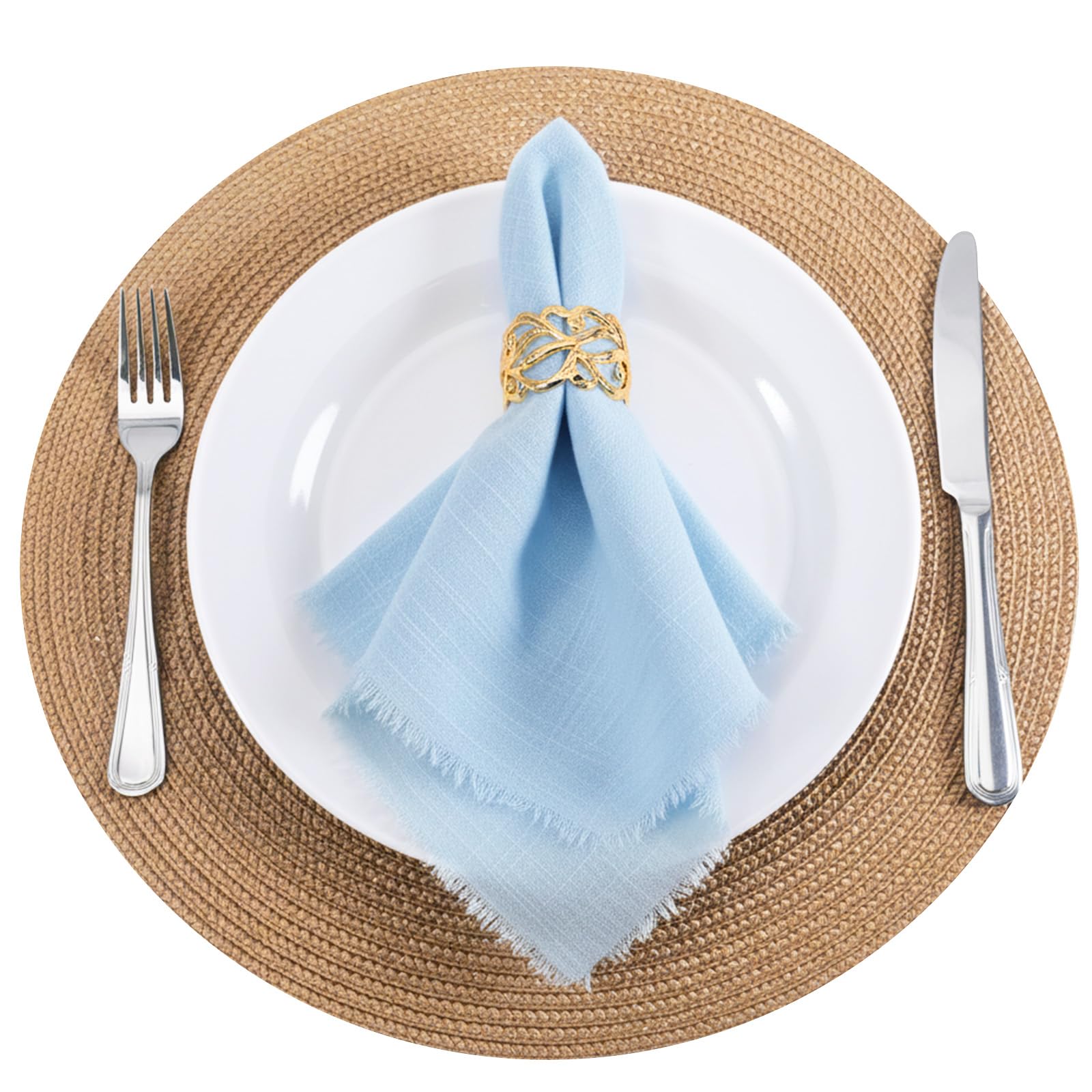 12Pack bulk napkins fringe 16.5x16.5 inches in sky blue cotton