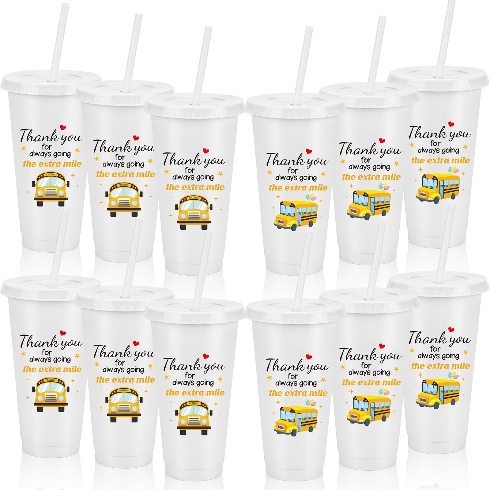 Bulk set of 12 bus driver appreciation cups white with lids and straws