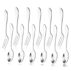 12pcs silver stainless steel spoon and fork set for desserts and appetizers