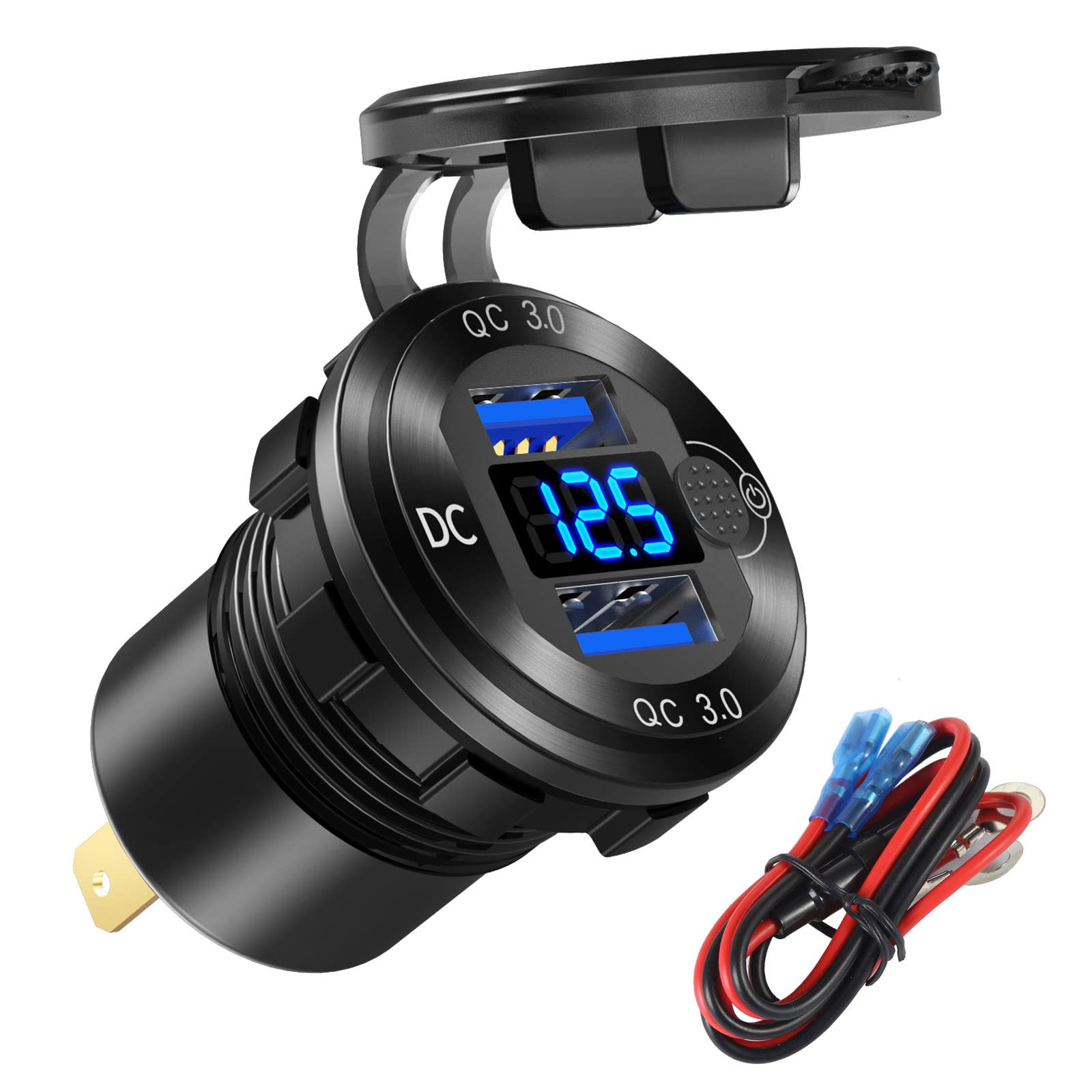 12V/24V USB outlet car charger with blue voltmeter display