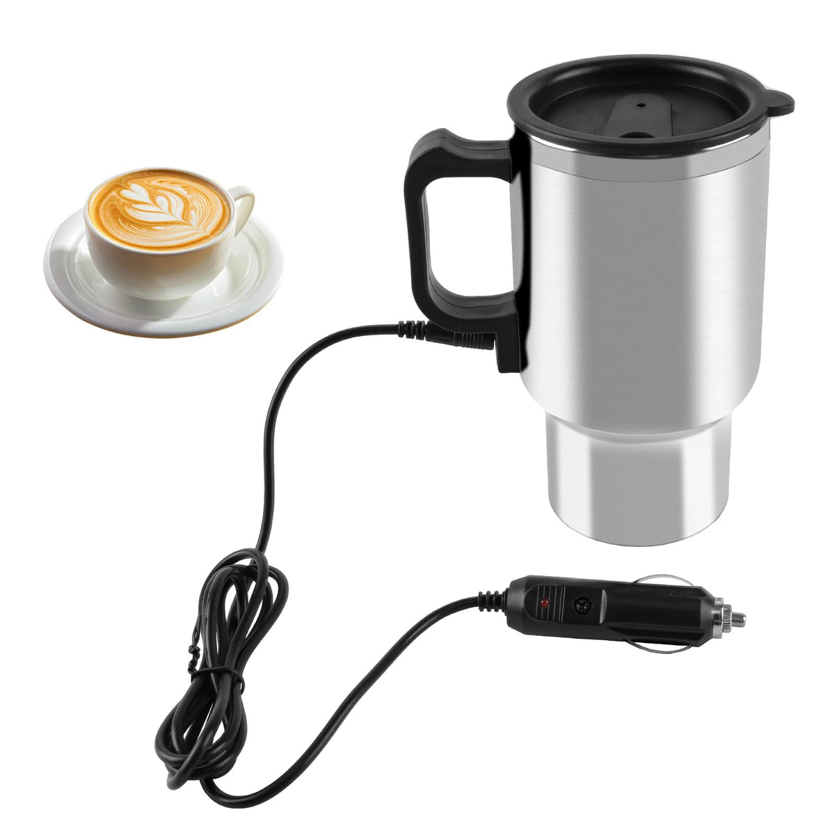 12V car heating cup exterior in silver finish
