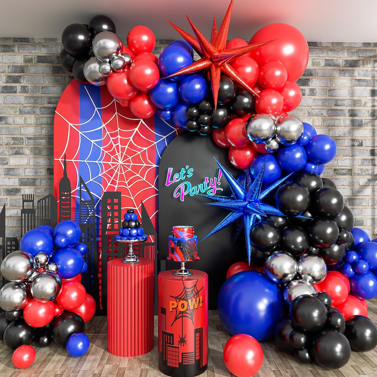132pcs spider theme balloon arch kit with blue red black balloons