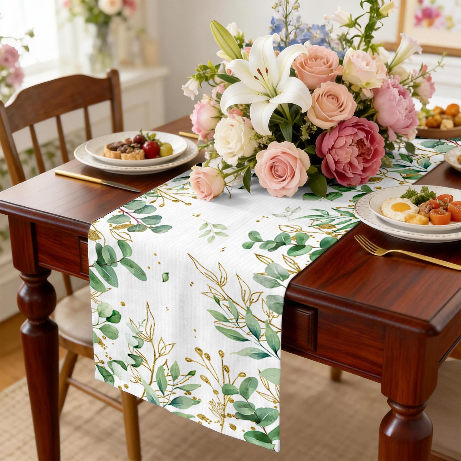 Large 13x70 inches table runner laid flat in textured linen fabric