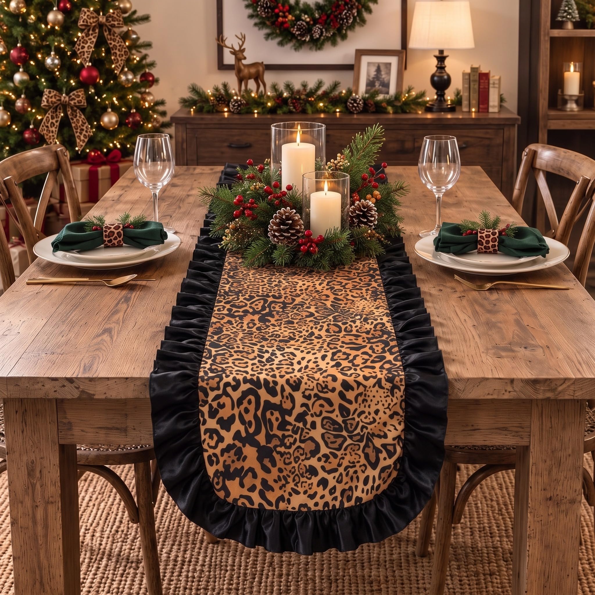 Leopard pattern with black frill hem on table runner